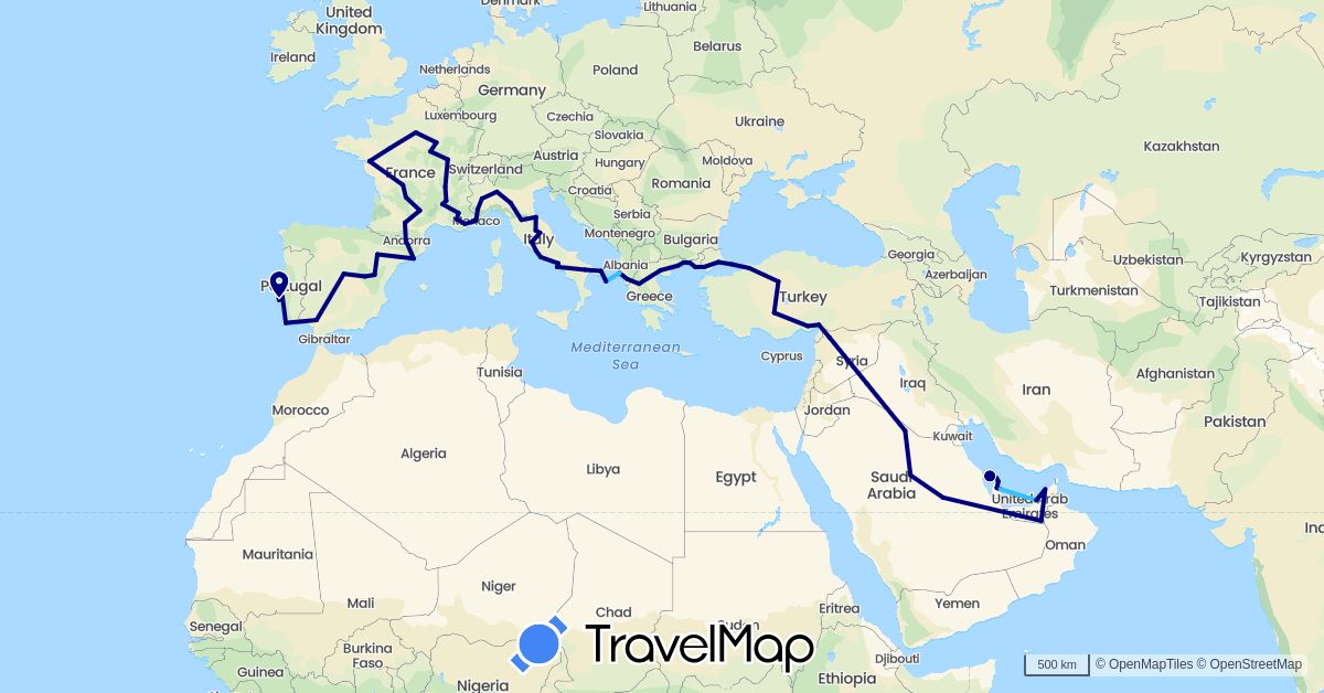 TravelMap itinerary: driving, boat in Andorra, United Arab Emirates, Albania, Bahrain, Spain, France, Greece, Iraq, Italy, Monaco, Portugal, Qatar, Saudi Arabia, San Marino, Syria, Turkey, Vatican City (Asia, Europe)